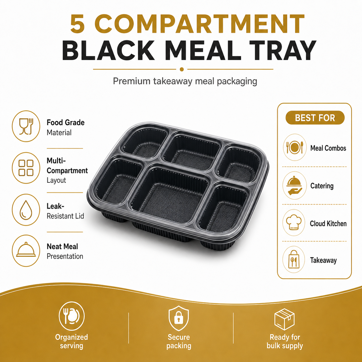 5CP black meal tray with clear lid