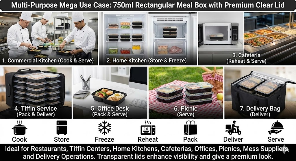 Real 750ml rectangular disposable container with lid