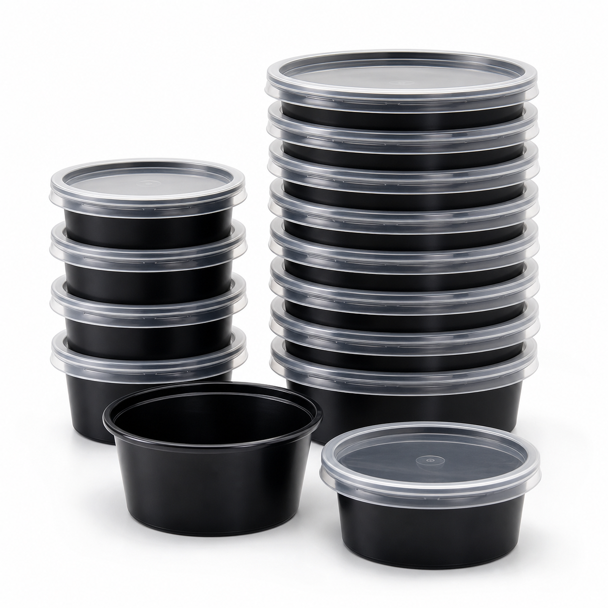 Stacked black sauce cups with lids