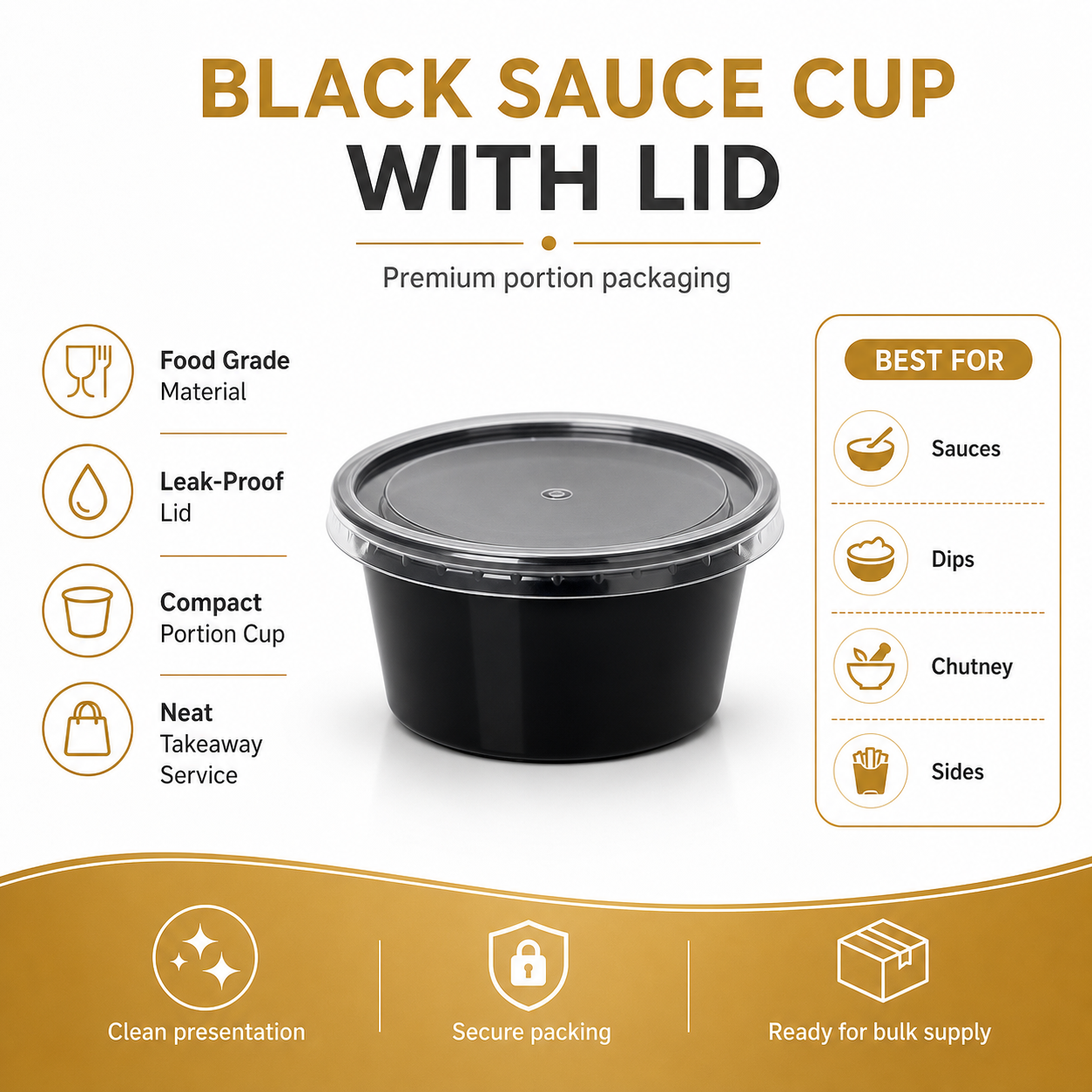 Features of black sauce cup with lid