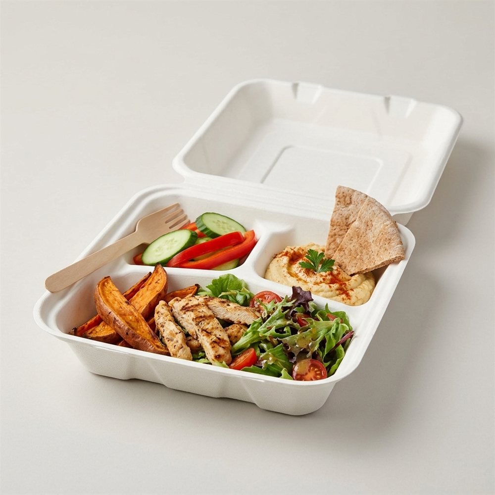 Sugarcane Bagasse 3-Compartment Meal Box (9x9 Inch)